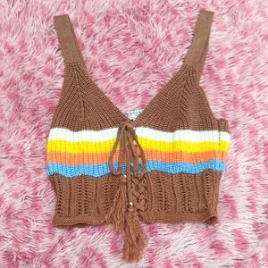 Brown Multicolor Hand Knit Crop Top